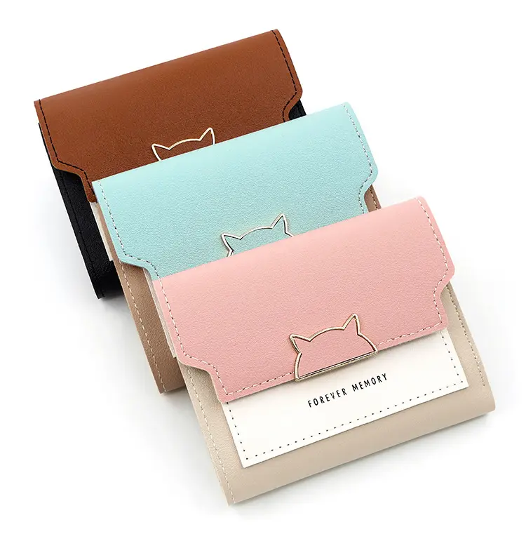 Cute Girl's Short Card Holder Wallet Cat Designs Three-fold Small Coin Purse Multi-function Solid Color Wallet for Women