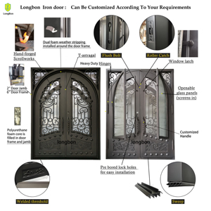 Grande porte battante double en acier galvanisé, style français, avec <span class=keywords><strong>insert</strong></span> en verre personnalisé et motif en spirale, <span class=keywords><strong>d</strong></span>écoration <span class=keywords><strong>d</strong></span>'entrée de villa, OEM - Product Image 3