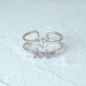 CANNER Bague double couche en argent sterling 925 avec fleurs empilées, zircon rose et fleur violette, ajustable, pour filles, cadeau, bijoux fins - Product Image 2