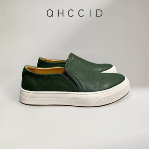 Qhccid Green Leather Slip-on Loafers Men Soft Sole Casual Shoes <b>Low</b> <b>Heel</b> Retro Style - Product Image 4