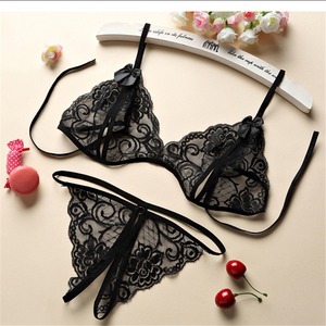 Conjunto de sujetador y tanga de encaje negro, lencería sexy para mujer, ropa interior transparente de dos piezas, ropa íntima. - Product Image 1