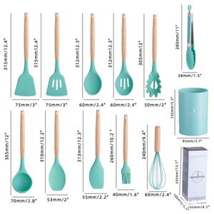 Ensemble d'ustensiles de cuisine en silicone écologique de 12 pièces avec manches en bois, spatule antiadhésive et cuillère à soupe, coffret cadeau avec seau de rangement - Product Image 4