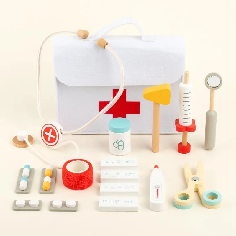 Girl Boy Kids Pretend Play Wood Doctor Toys Red Medical Kit Dentist Medicine Box Sets