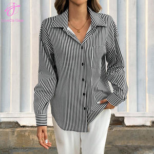 Camicia Loveda estiva da donna, casual, a righe bianche e nere, con fiocco sulla schiena e bottoni sul davanti, a maniche lunghe, molto venduta. - Product Image 1