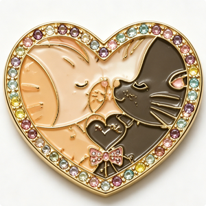 Épingle en métal plaqué or en forme de cœur avec chats en émail et strass, thème amour pour la Saint-Valentin - Product Image 6
