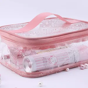 Sac de maquillage transparent rose en PVC pour femmes, poignée portable de voyage, pochette cosmétique à fermeture éclair, sacs de maquillage transparents