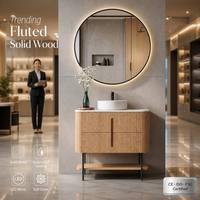 XINFUMEI Meuble-lavabo mural en bois massif cannelé avec miroir LED rétroéclairé anti-buée pour hôtel et maison, vente en gros OEM