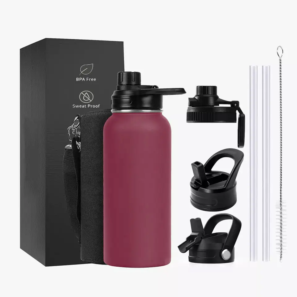 Custom 3 Lids Wide Mouth Sport Water Bottle Vacuum Insulated Flask