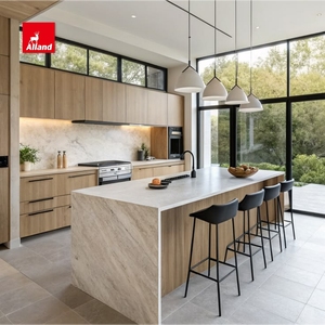 Gabinete de <span class=keywords><strong>Cocina</strong></span> Minimalista Alland <span class=keywords><strong>con</strong></span> Panel de Chapa de Madera de Roble <span class=keywords><strong>Blanco</strong></span>, Isla de Cuarzo <span class=keywords><strong>con</strong></span> Diseño de Cascada y LED - Product Image 2