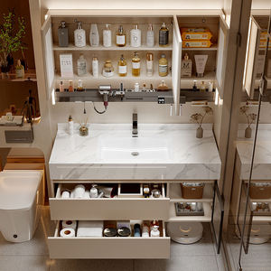Meuble-lavabo moderne flottant pour salle de bain, avec vasque en dalle de roche sans joint et porte en verre cannelé, idéal pour hôtels et villas - Offre Spéciale - Product Image 5