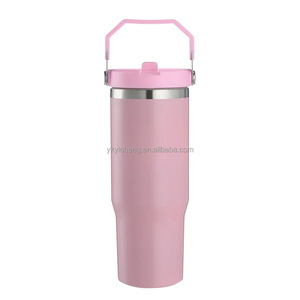 Botella de agua con vaso de 30oz de pajita con tapa <span class=keywords><strong>rosa</strong></span> fuerte flamenco <span class=keywords><strong>Camelia</strong></span> grabado con láser recubierto de polvo de 20oz - Product Image 3
