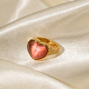 Anillo Abierto de Acero Inoxidable con Baño de Oro de 18K y Piedra Ojo de Gato Rosa, Diseño de Corazón, Novedad - Product Image 6