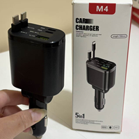 Chargeur de voiture 5-en-1 USB Type C, adaptateur de charge rapide avec câble rétractable (70 cm), matériau PC, indicateur LED