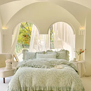 Ropa de cama de terciopelo de leche verde de 230GSM, color sólido, textiles para el hogar, edredón con volantes, juego de cama