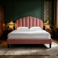 Modernes Rosa Samtbezogenes Plattformbett mit Gewelltem Muschelkopfteil Bettgestell Queensize Schlafzimmermöbel