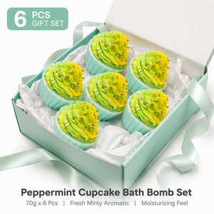 Coffret <span class=keywords><strong>de</strong></span> bombes <span class=keywords><strong>de</strong></span> <span class=keywords><strong>bain</strong></span> en forme <span class=keywords><strong>de</strong></span> cupcake à la menthe poivrée, 6 pièces, 70g, à base <span class=keywords><strong>de</strong></span> plantes, avec crème fouettée verte et jaune, et saupoudrage coloré, hydratant, boîte cadeau - Product Image 1