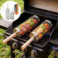 Panier de barbecue roulant en acier inoxydable, tube en maille grillagée cylindrique avec poignée en bois, accessoire portable pour camping et pique-nique