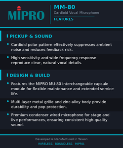 Micrófono Vocal de Condensador de Alta Sensibilidad MIPRO Premium con Amplia Respuesta de Frecuencia para Actuaciones en Escenario - Product Image 6