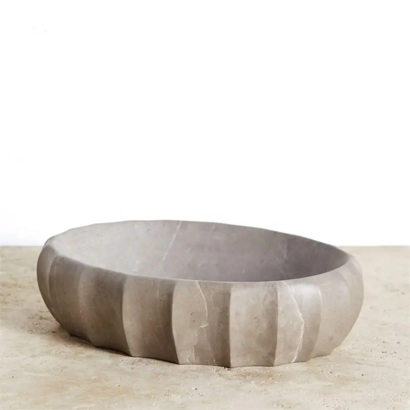 Grand bol ovale cannelé en marbre gris Pietra sculpté bol à fruits en pierre décorative en marbre gris massif surface aiguisée