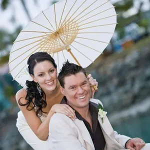 FINE OCEAN Handheld Plain White Wedding Paper Wood Parasol Umbrella Sun Paper Chinese Parasol