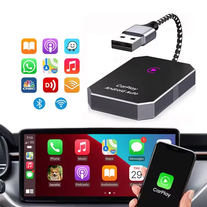 Adaptador CarPlay 2 em 1 sem fio para chips A7 em liga de alumínio de aviação e vidro temperado com dureza 6H e adaptador sem fio para Android Auto