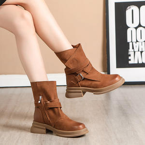 Botines de Piel Vacuna Retro Británicos de Lujo, Otoño Invierno, Tallas Grandes, Marrón, Felpa, Antideslizantes, Cierre de Cremallera, Tacón Medio, Piel de Vaca - Product Image 4