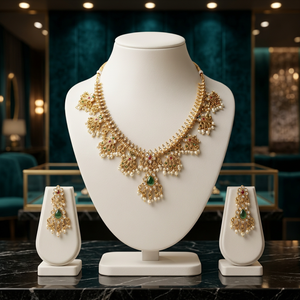 Conjunto nupcial de latón chapado en oro de alta calidad, collar tipo gargantilla, pendientes colgantes, tikka, étnico, con circonitas, Kundan, perlas, último diseño, moderno. - Product Image 4