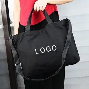 Grosir kustom Logo besar hitam organik katun kanvas polos Tote Bag besar dengan tali