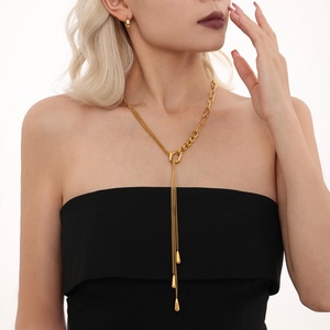 Collier tendance en acier inoxydable plaqué or 18 carats avec pendentif Y à pampilles et perles, chaîne plate délicate – Cadeau idéal - Product Image 1
