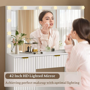 Miroir de coiffeuse à motif ondulé avec éclairage LED, 3 modes d'éclairage, luminosité réglable, ensemble de coiffeuse avec tiroir de rangement - Product Image 3