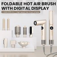 Secador de Pelo Plegable Multifuncional 8 en 1 ODM OEM, Motor sin Escobillas de Alta Velocidad de 1500W, 3 Velocidades, con Cepillo de Aire Caliente