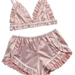 New style naughty girls pink ruffles satin babydoll sexy underwear thongs lingerie set