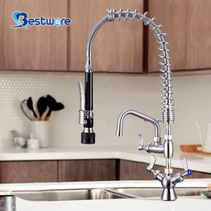 Grifo de cocina de cuello largo de acero inoxidable con marca de agua Diseño clásico de un solo mango Acabado cepillado Tipo de rociador lateral para uso comercial - Product Image 3