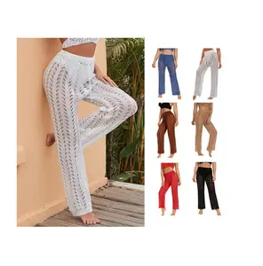 W0359 Beach Crochet Knitted Pants Women Solid Hollow Out Straight Casual Trousers Holiday Beach Wide Leg Bikini Cover Up