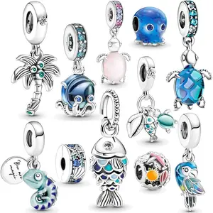 Hot sale Women silver bead charm Beaded Cute Octopus Dolphin Chameleon Pearl Shell Handmade Beaded Pendant charms bulk