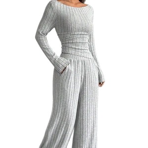 Ensemble de chandail en tricot pour femmes, manches longues, couleur unie, pantalon large côtelé, tenue décontractée en deux pièces, tailles SMLXLXXL, style Europe Amérique - Product Image 5