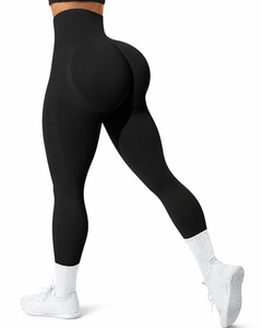 Leggings de yoga côtelés taille haute, longueur intégrale, sans coutures, extensibles dans quatre directions, couleur noire unie - Product Image 1