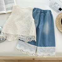 Ensemble de vêtements d'été pour enfants, 2 pièces, chemise sans manches en dentelle et jean en dentelle patchwork, ensemble de vêtements Offre Spéciale filles