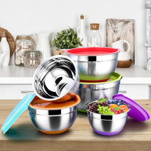 עיצוב ליטוש פנים סיטונאי נירוסטה מונע החלקה סיליקון תחתית קערת ערבוב קערת סלט פירות סט עם מכסים צבעוניים - Product Image 2