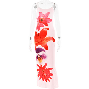 Robe longue imprimée sans manches, col carré, taille naturelle, dos nu, en polyester, idéale pour la plage ou l'été - Product Image 5