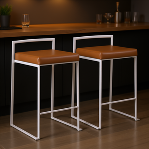 Ensemble de 2 tabourets de bar contemporains, structure en métal blanc, coussin en simili cuir camel, empilables - Product Image 2