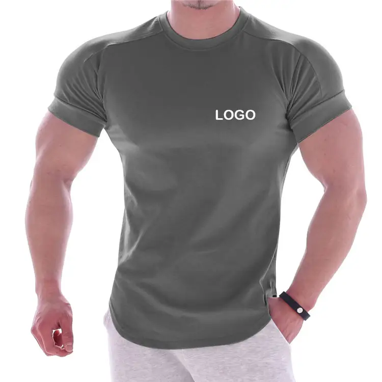 Warna Baru Otot Pria Kaos Melengkung Hem Santai Otot Fit Sport Kebugaran T Shirt Pria Gym Tee Top dengan Percetakan Kustom