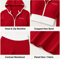 Ensemble de sweat-shirt à fermeture éclair OEM pour femmes, rouge et blanc contrasté, veste courte à fermeture éclair slim avec pantalon évasé sport taille haute, ensemble deux pièces