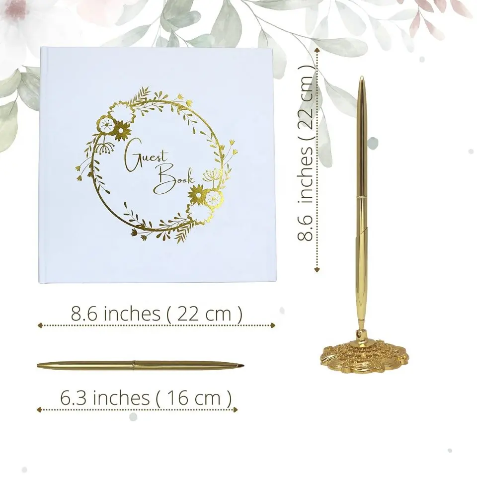 Customize Hardcover Stylish Bloom Flower Gold Stamping Guestbook Guest Book with Pen for Wedding