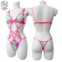 Bodysuit Harness Tie Dye Digital Print JINZHU, Lingerie Erotis Wanita Seksi dengan Hiasan Pita