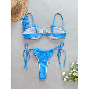 Nieuwe Tweedelige Effen Kleur Bikini 3d Bloem Badpak Push Up Sexy Bikini Set - Product Image 2