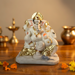 Statue de Ganesh en marbre avec Mushak, 4 pouces, blanc doré, figurine décorative Ganpati Bappa pour temple, Diwali, Pooja, bureau et maison - Product Image 5