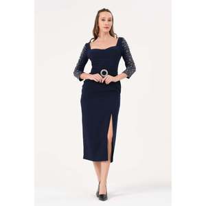 Robe élégante pour femme DANS, bleu marine, motif uni, coupe classique, col rond et manches longues, pour toutes les saisons - Product Image 3