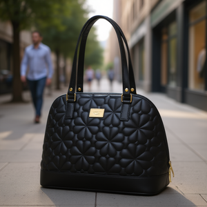 Sac fourre-tout matelassé en cuir véritable pour femme Fana Aubrey M3757 Noir avec doubles poignées et fermeture éclair, style décontracté et minimaliste - Product Image 2