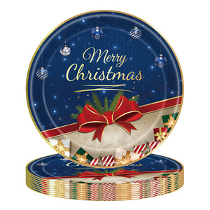 Christmas Round <b>Paper</b> Plates 60-80 Pcs Deep Blue <b>Red</b> Design With Ornaments And Bow For Holiday Party Tableware - Product Image 1